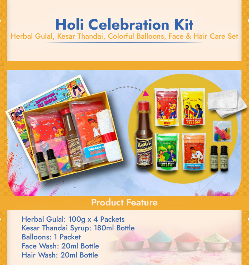 Holi Celebration Kit: Herbal Gulal, Kesar Thandai, Colorful Balloons, Face & Hair Care Set