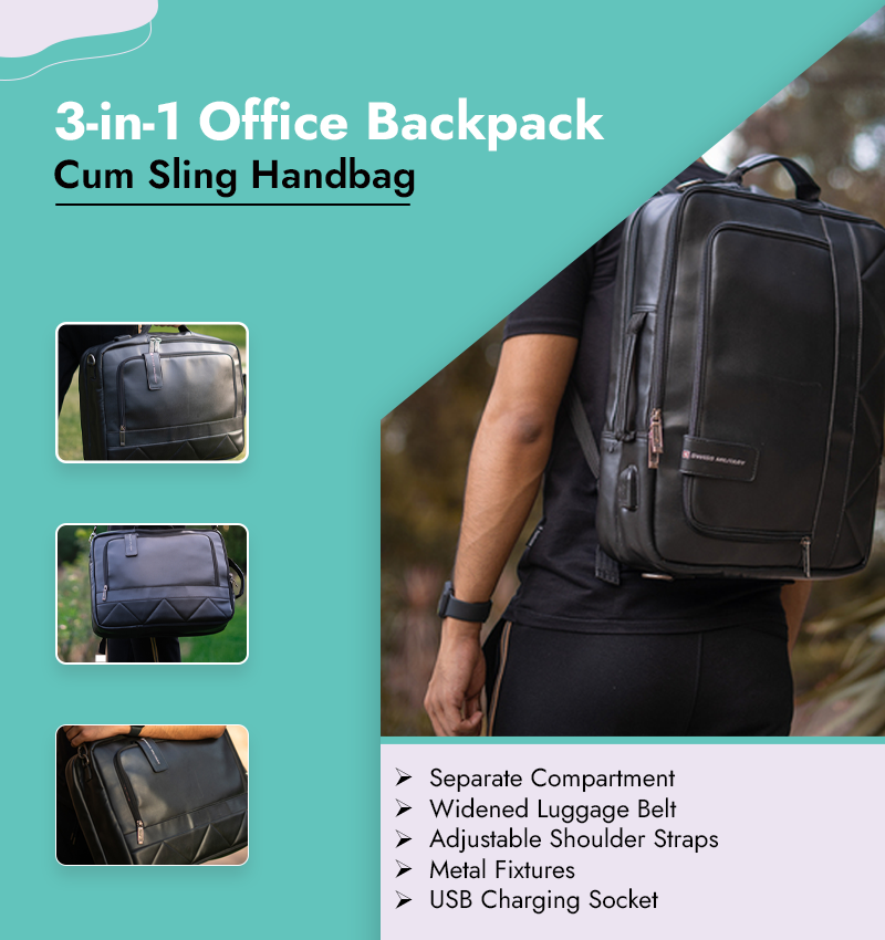 3-in-1 Office Backpack Cum Sling Handbag infographic