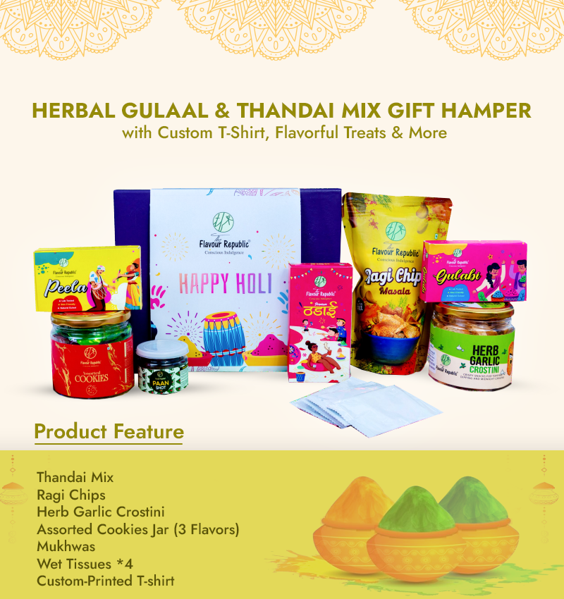 Herbal Gulaal & Thandai Mix Gift Hamper with Custom T-Shirt, Flavorful Treats & More