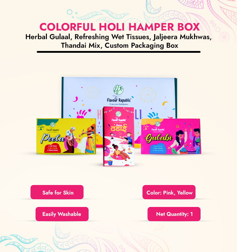Colorful Holi Hamper Box: Herbal Gulaal, Refreshing Wet Tissues, Jaljeera Mukhwas, Thandai Mix, Custom Packaging Box