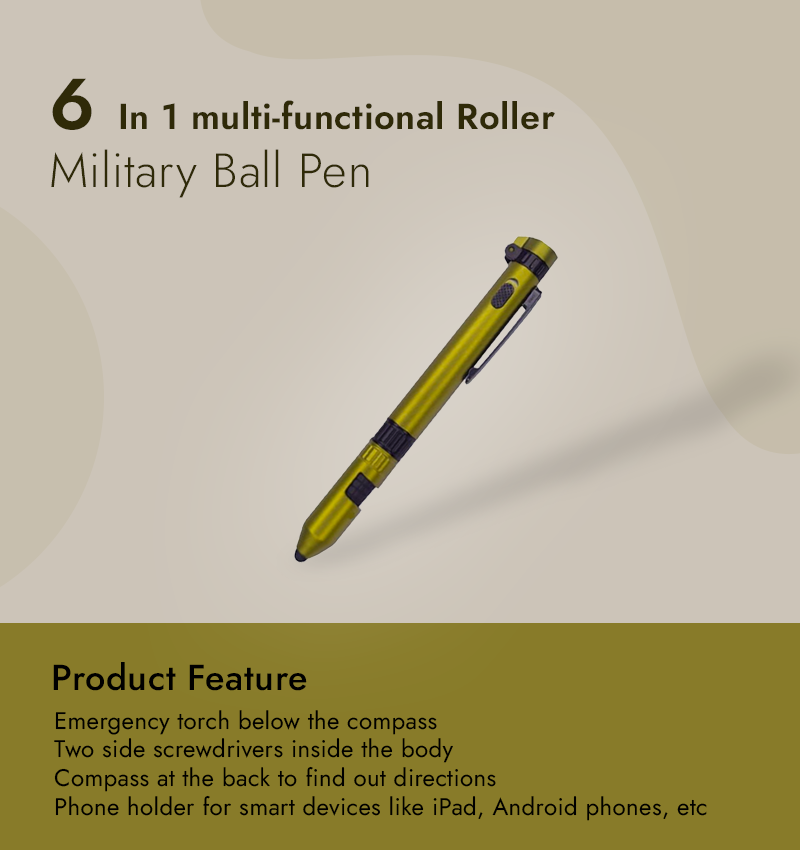 6 In 1 multi-functional Roller Military Ball Pen infographic