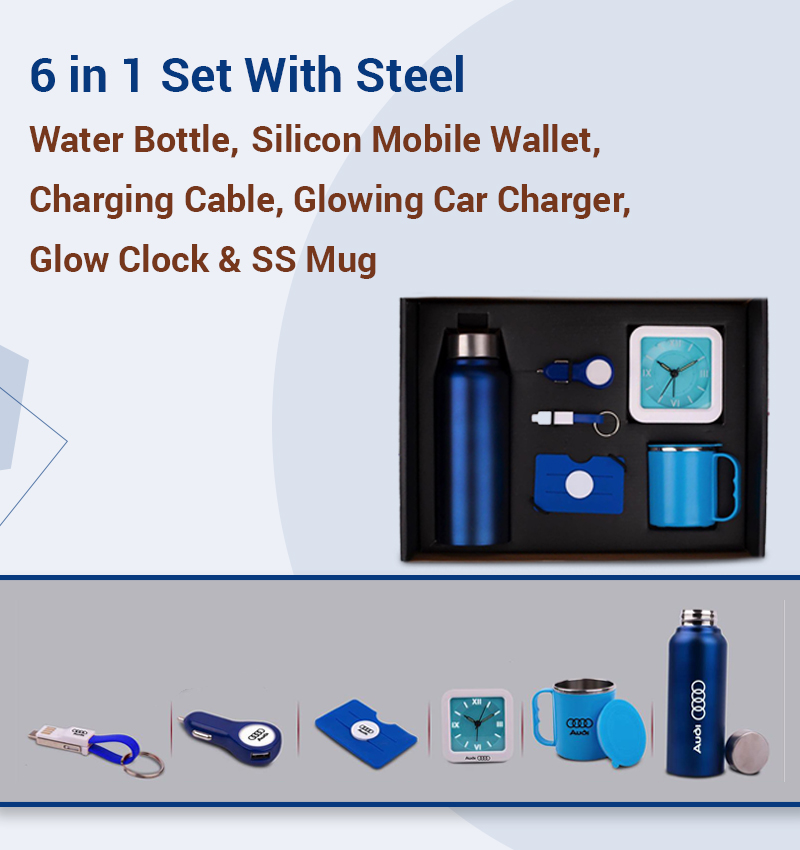 6 in 1 Set With Steel Water Bottle, Silicon Mobile Wallet, Charging Cable, Glowing Car Charger, Glow Clock & SS Mug infographic