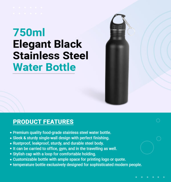 750ml Elegant Black Stainless Steel Water Bottle