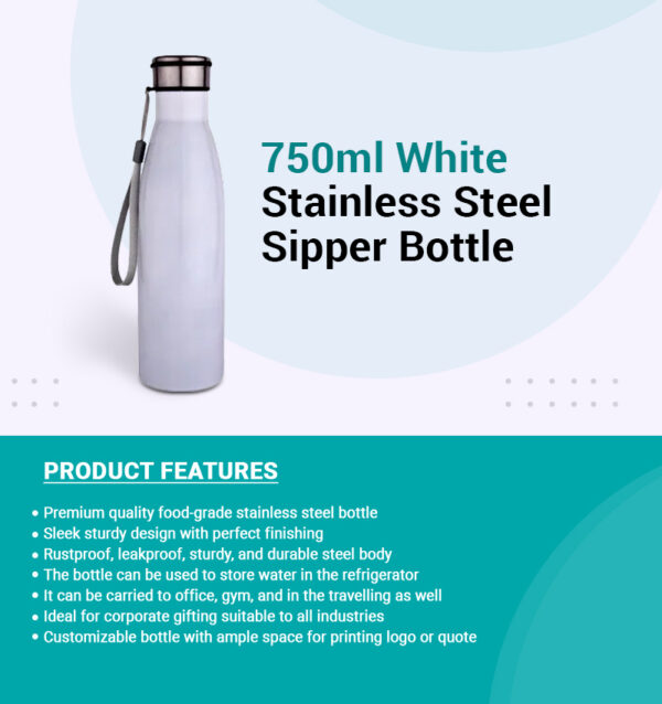 750ml White Stainless Steel Sipper Bottle