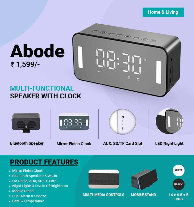 Abode Multi Functional Speaker with Clock infographic