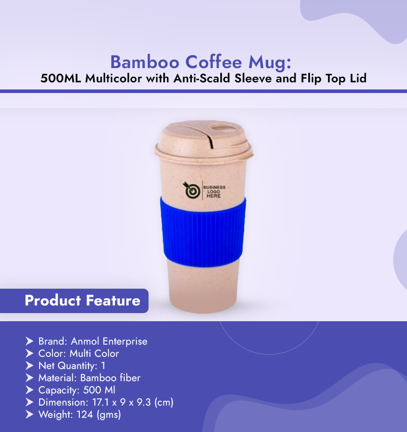 Bamboo Coffee Mug: 500ML Multicolor with Anti-Scald Sleeve and Flip Top Lid infographic