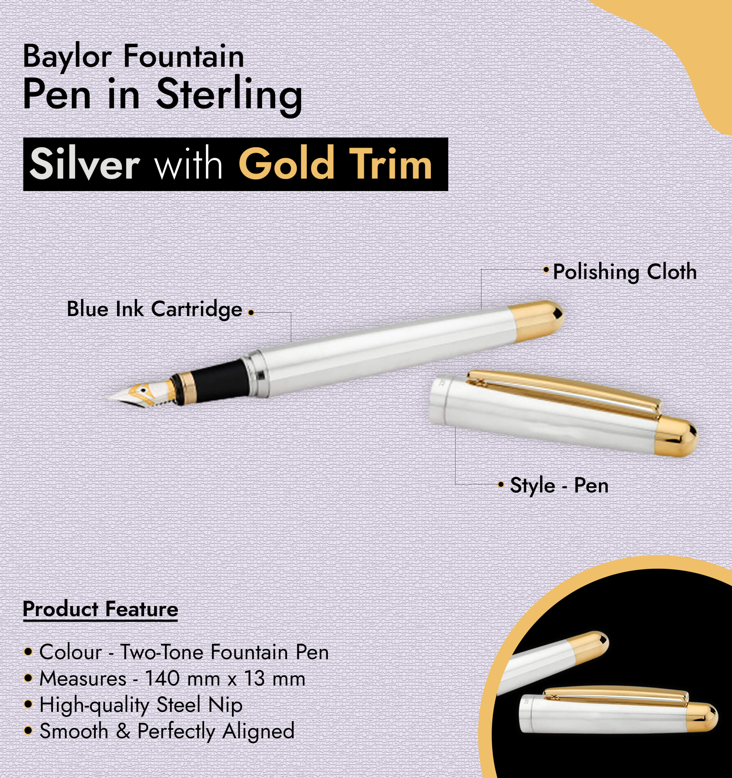 Baylor Fountain Pen in Sterling Silver with Gold Trim infographic