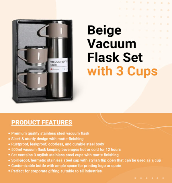Beige Vacuum Flask Set with 3 Cups