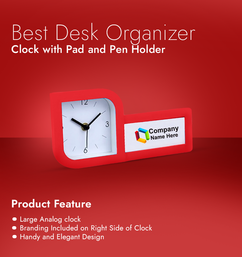 Best Desk Organizer: Clock with Pad and Pen Holder infographic