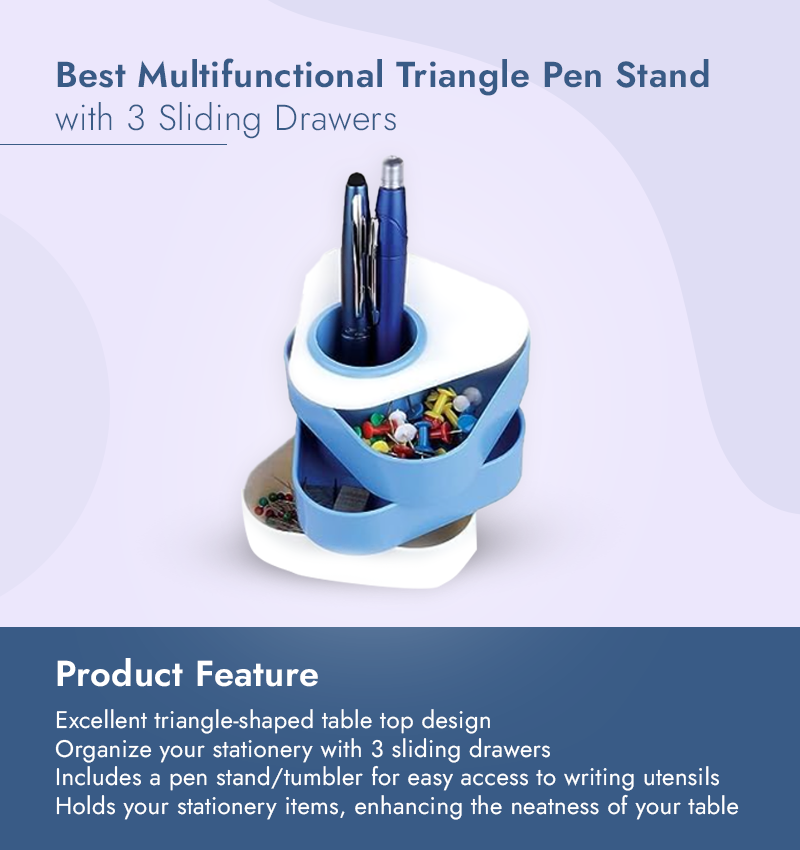 Best Multifunctional Triangle Pen Stand with 3 Sliding Drawers infographic