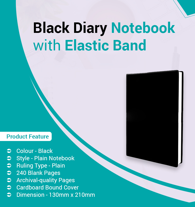 Black Diary Notebook with Elastic Band infographic