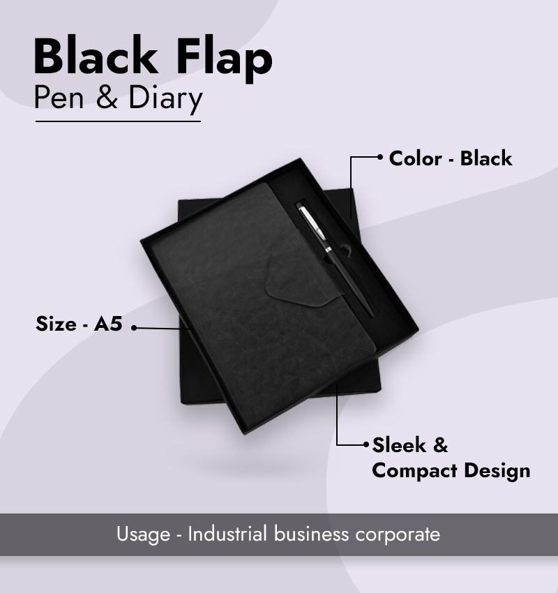 Black Flap Diary & Pen infographic