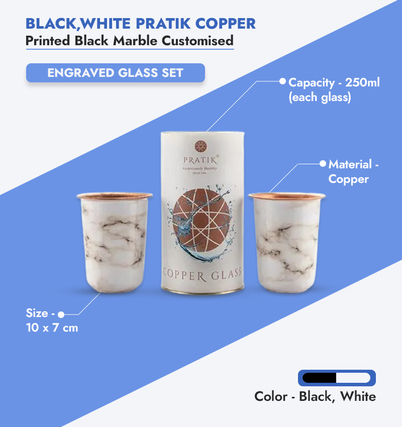 Black,White Pratik Copper Printed Black Marble Customised Engraved Glass Set infographic