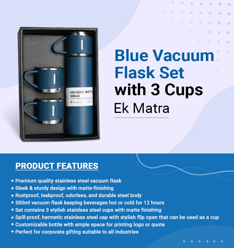 Blue Vacuum Flask Set with 3 Cups infographic