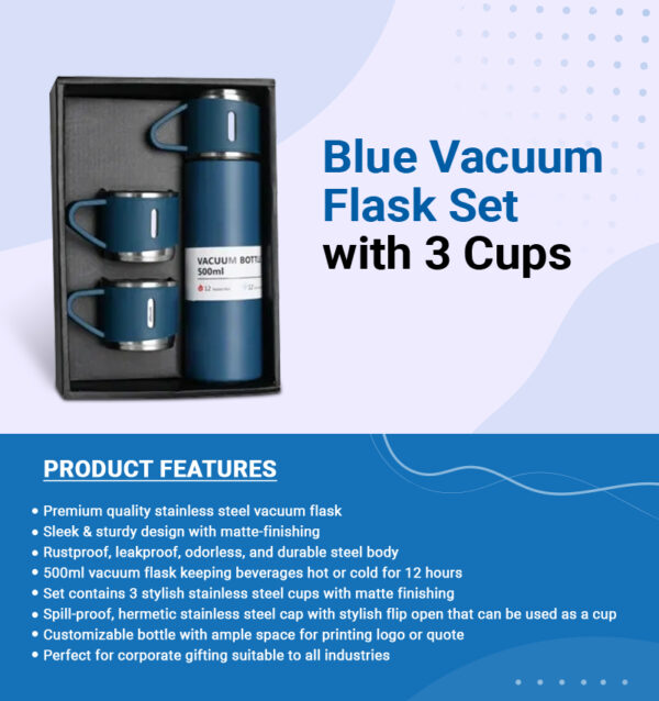 Blue Vacuum Flask Set with 3 Cups