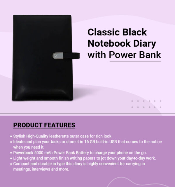 Classic Black Notebook Diary with Power Bank infographic