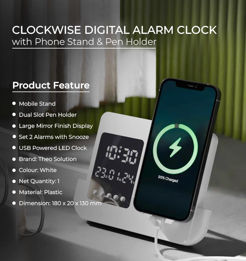 Clockwise Digital Alarm Clock with Phone Stand & Pen Holder infographic