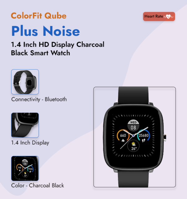 ColorFit Qube Plus Noise 1.4 Inch HD Display Charcoal Black Smart Watch infographic