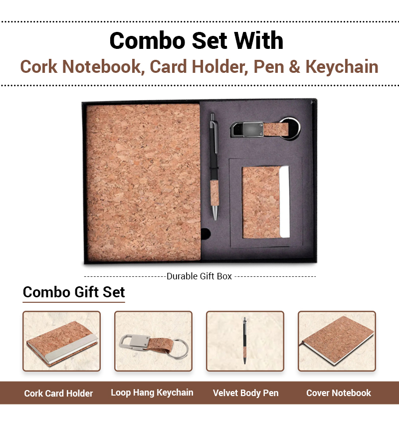 4 in 1 Set With Cork Notebook, Card Holder, Pen & Keychain infographic