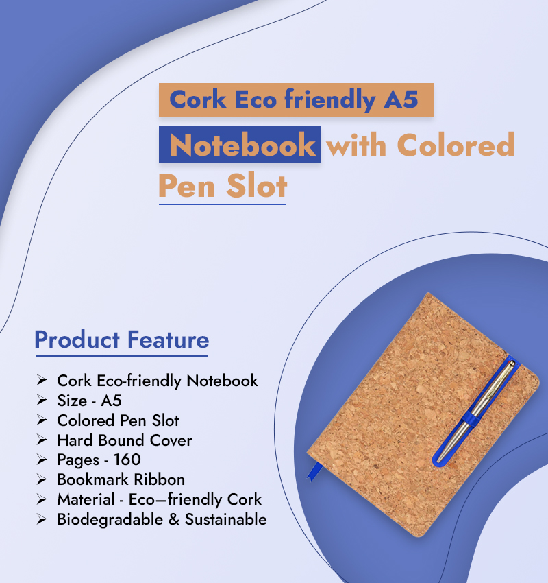 Cork Eco friendly A5 Notebook with Colored Pen Slot infographic
