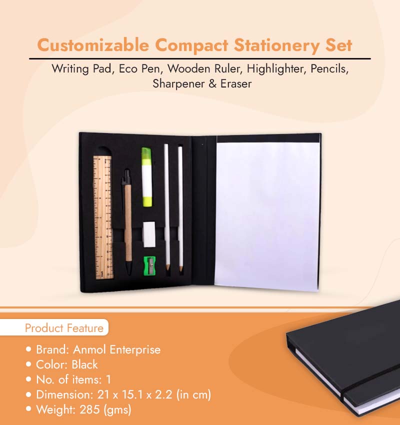 Customizable Compact Stationery Set: Writing Pad, Eco Pen, Wooden Ruler, Highlighter, Pencils, Sharpener & Eraser
