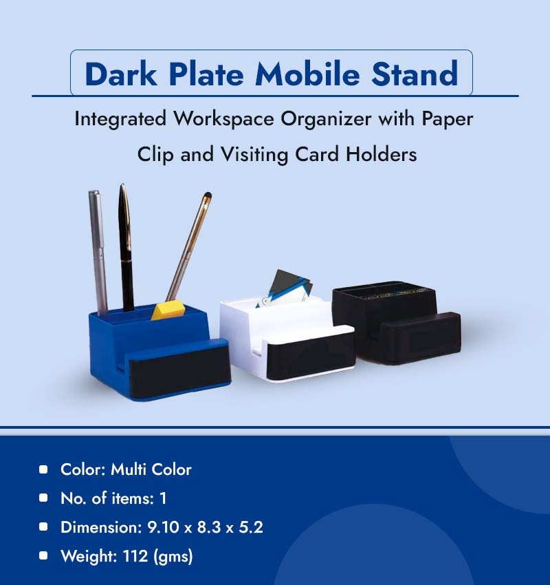 Dark Plate Mobile Stand: Integrated Workspace Organizer with Paper Clip and Visiting Card Holders