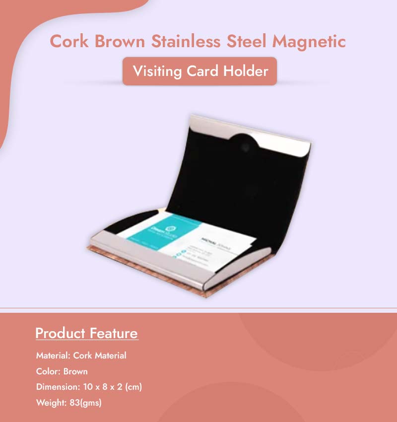 Cork Brown Stainless Steel Magnetic Visiting Card Holder