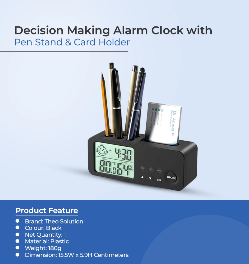 Decision Making Alarm Clock with Pen Stand & Card Holder infographic