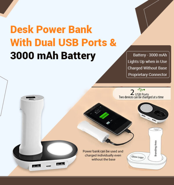 Desk Power Bank With Dual USB Ports & 3000 mAh Battery infographic