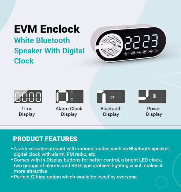 EVM Enclock White Bluetooth Speaker With Digital Clock