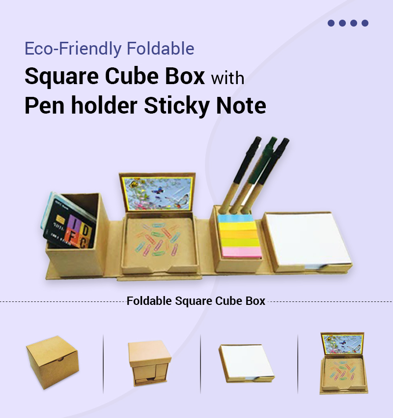 Eco-Friendly Foldable Square Cube Box with Pen Holder Sticky Note infographic