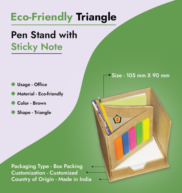 Eco-Friendly Triangle Pen Stand with Sticky Note infographic