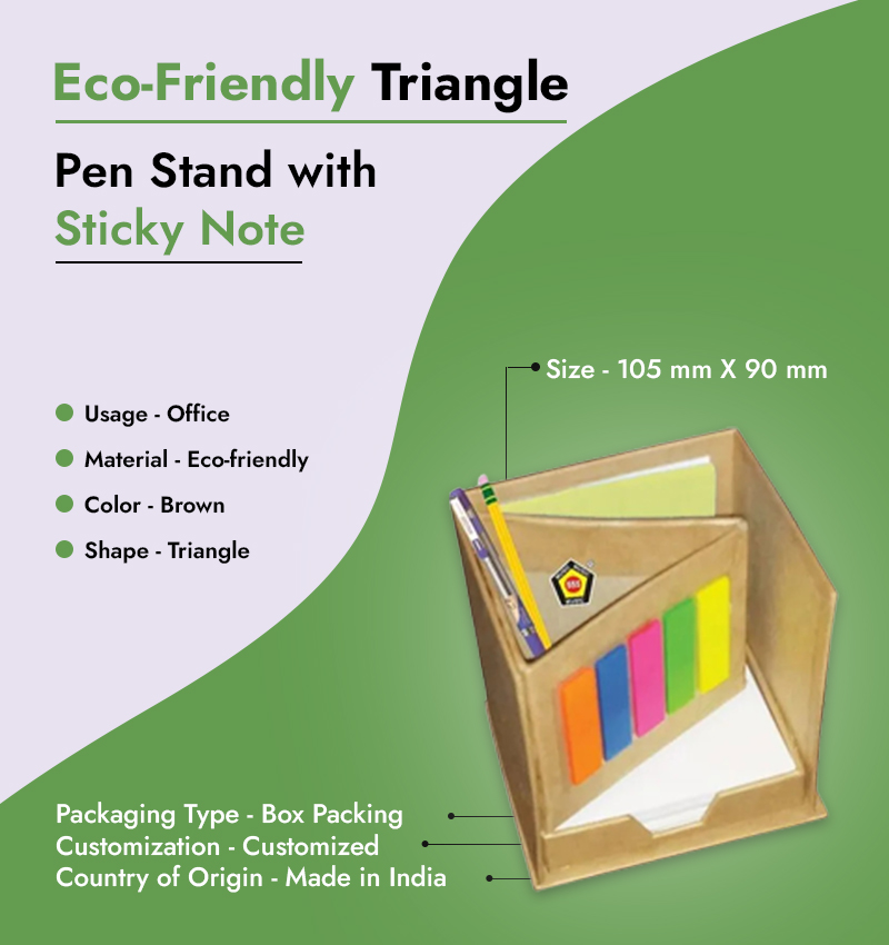 Eco-Friendly Triangle Pen Stand with Sticky Note infographic