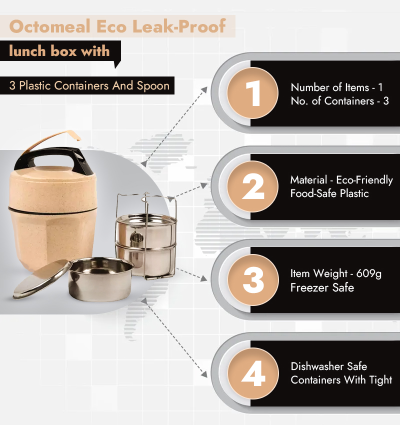 Octomeal Eco leak-proof lunch box with 3 Plastic Containers and spoon