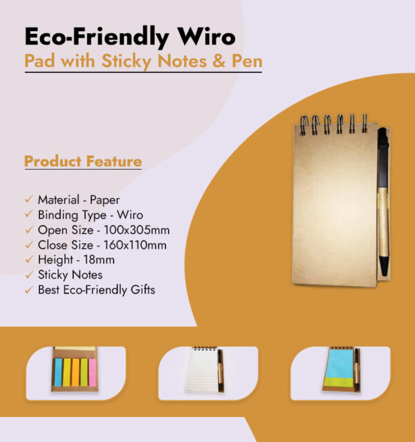 Eco-Friendly Wiro Pad with Sticky Notes & Pen infographic