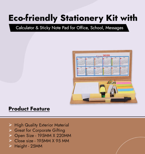 Eco-friendly Stationery Kit with Calculator & Sticky Note Pad for Office, School, Messages infographic