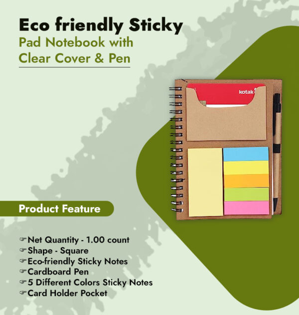 Eco friendly Sticky Pad Notebook with Clear Cover & Pen infographic