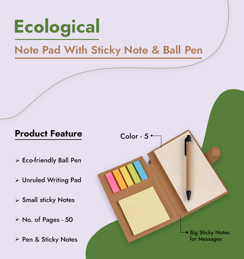 Ecological Note Pad With Sticky Note & Ball Pen infographic
