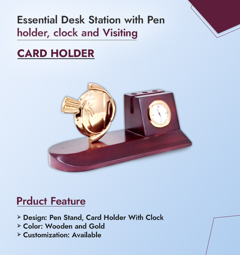 Essential Desk Station with Pen holder, clock and Visiting card Holder Infographic