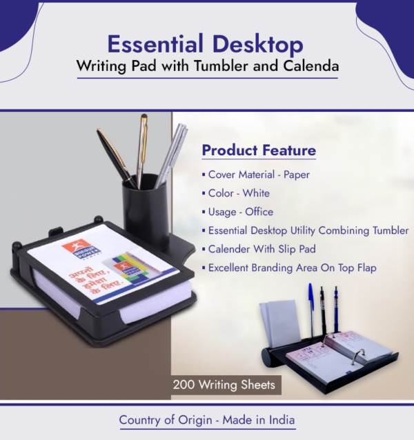 Essential Desktop Writing Pad with Tumbler and Calendar infographic