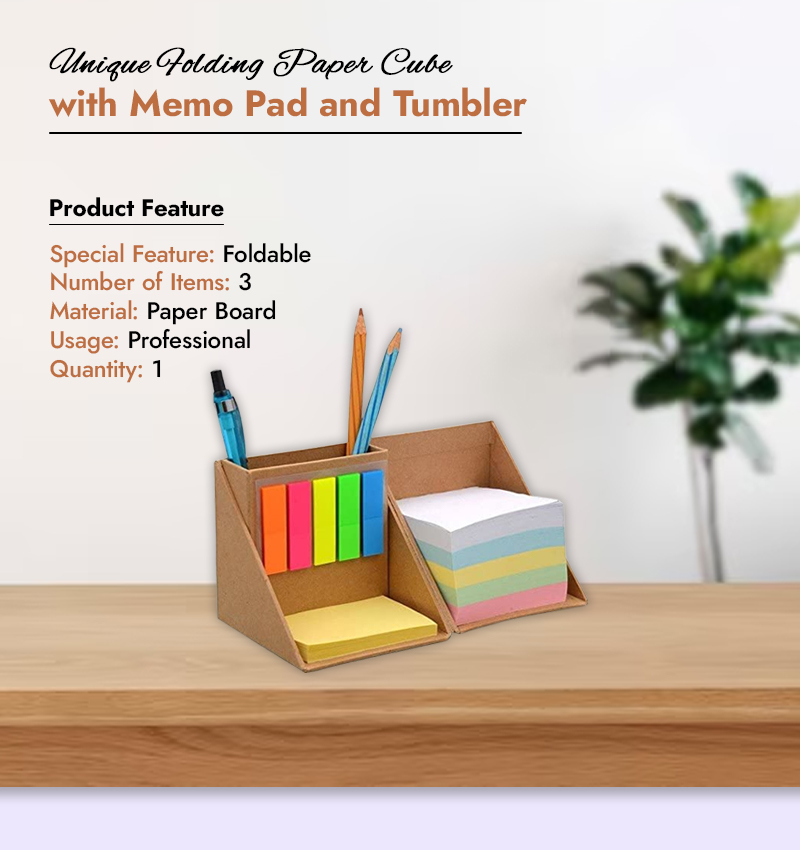 Folding Paper Cube with Memo Pad and Tumbler Infographics