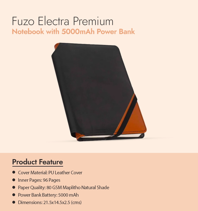 Fuzo Electra Premium Notebook with 5000mAh Power Bank infographic