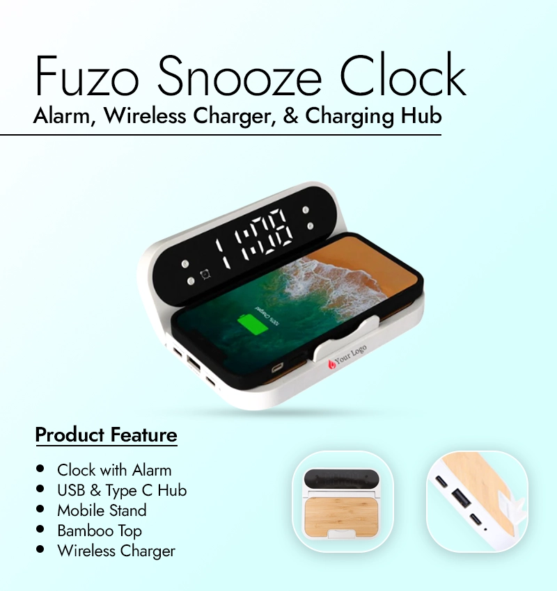 Fuzo Snooze Clock: Alarm, Wireless Charger, & Charging Hub infographic