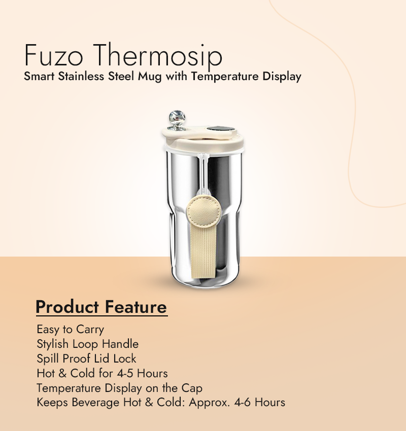 Fuzo Thermosip - Smart Stainless Steel Mug with Temperature Display infographic