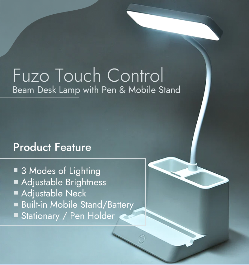 Fuzo Touch Control Beam Desk Lamp with Pen & Mobile Stand infographic