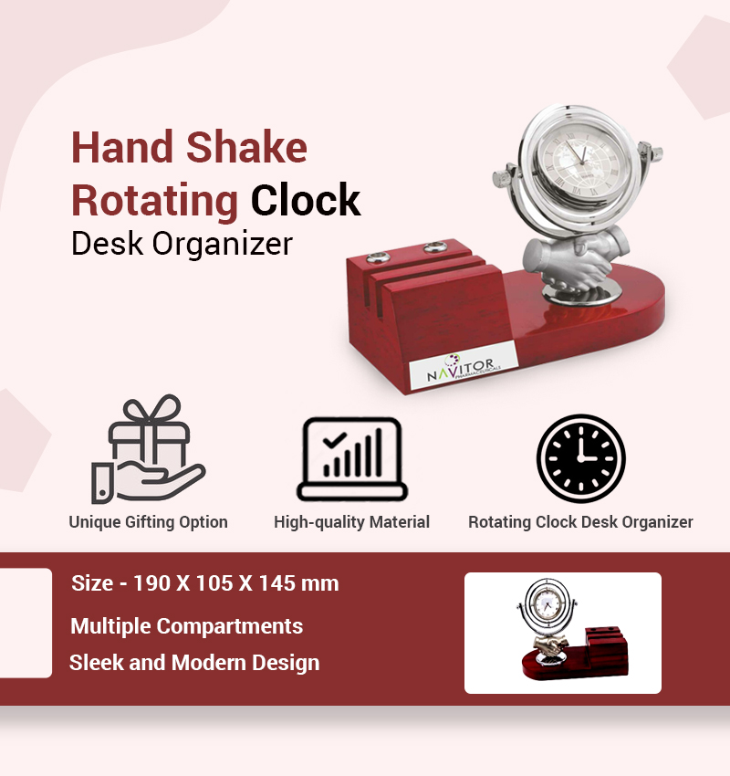 Hand Shake Rotating Clock Desk Organizer infographic