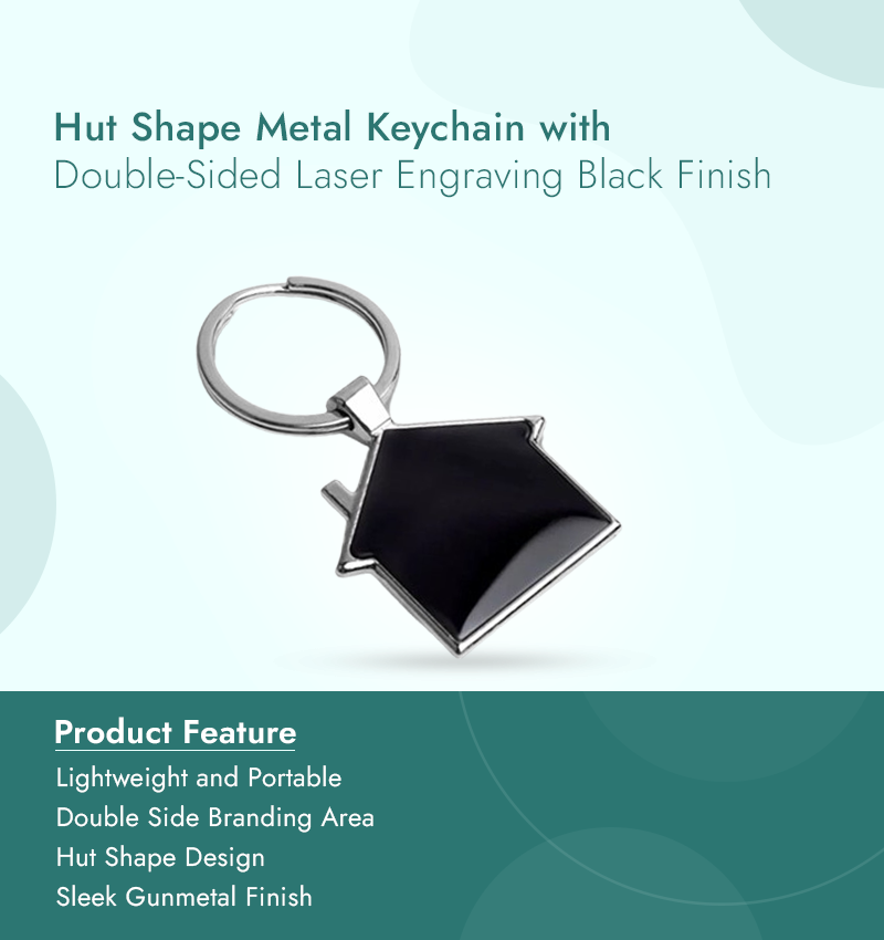 Hut Shape Metal Keychain with Double-Sided Laser Engraving Black Finish infographic