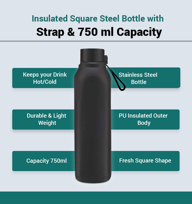 Insulated Square Steel Bottle with Strap & 750 ml Capacity infographic