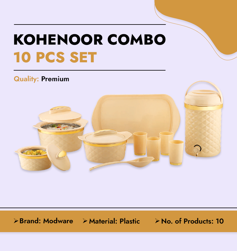 Kohenoor Dinner Set Crockery with Premium Quality Casserole, Spoon, Glass and Water Jug Inforgraphics