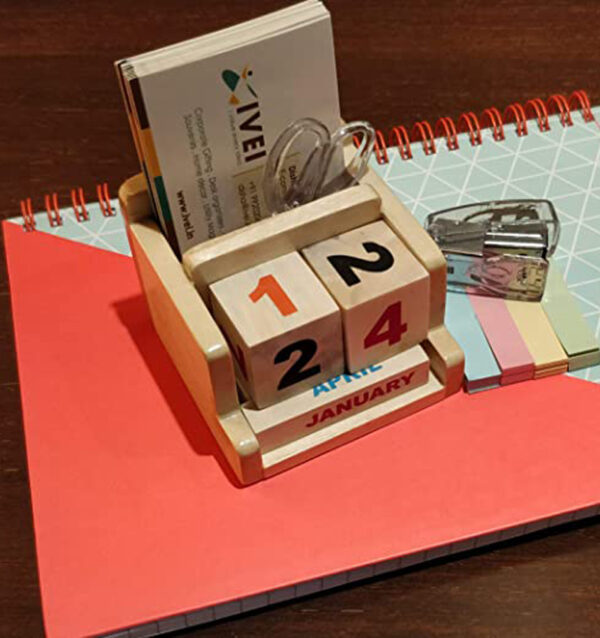 Lifetime Wooden Desk Organizer with Perpetual Calendar with Pen & Card Holder